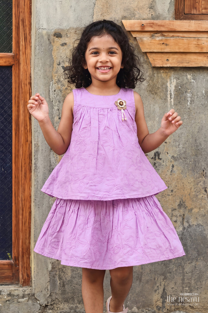 Girls Lilac Cotton Flower Embroidered Layers Frock