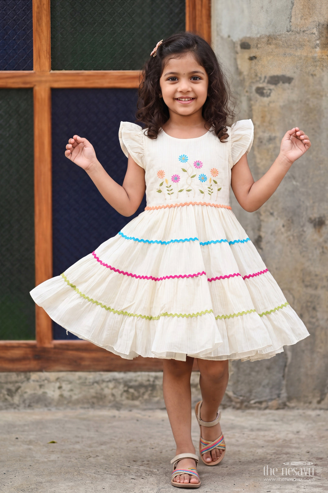 Girls Cotton Blend Frock in Ivory with Flower Tier Blue Trim