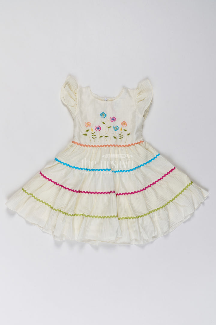 Girls Cotton Blend Frock in Ivory with Flower Tier Blue Trim