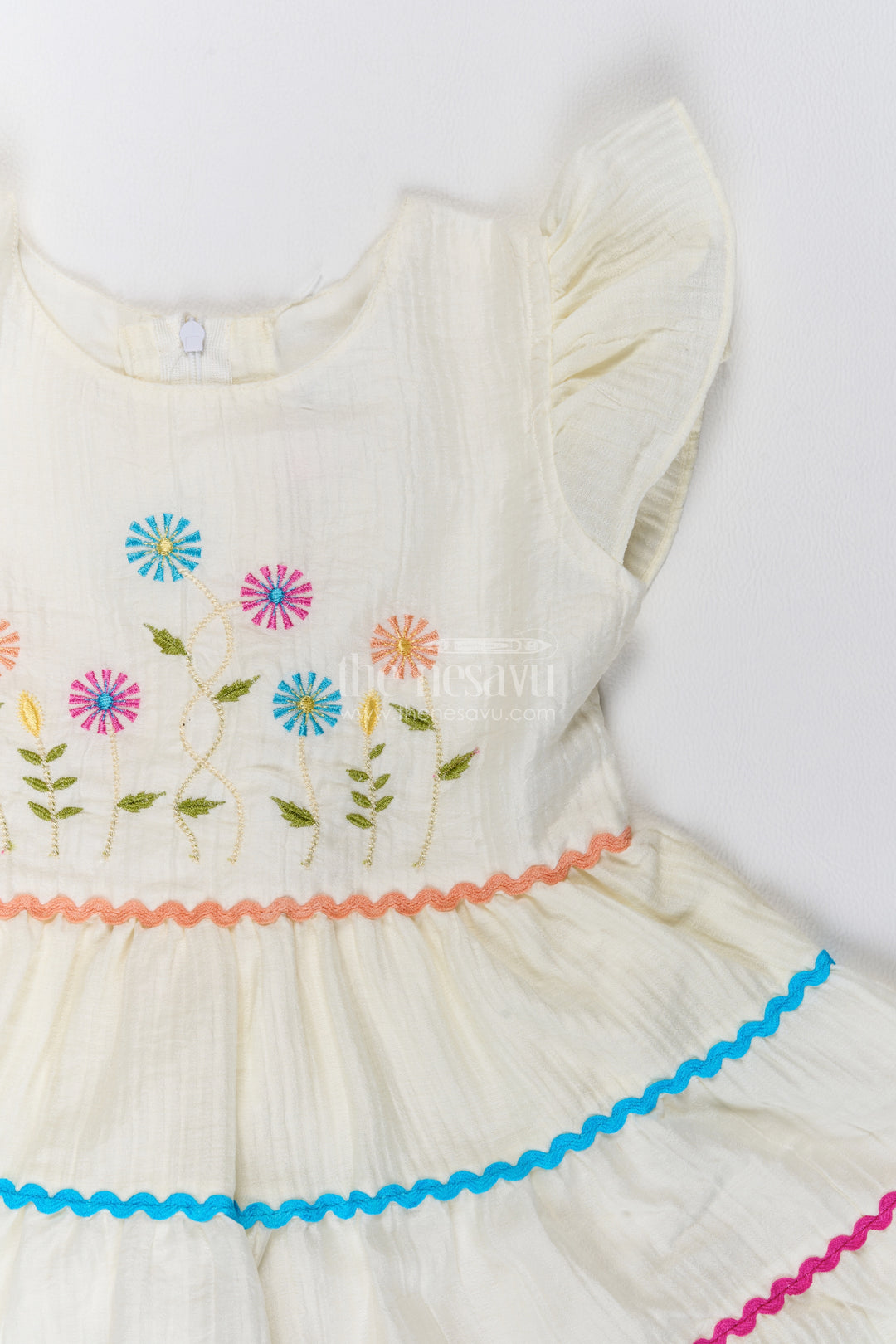 Girls Cotton Blend Frock in Ivory with Flower Tier Blue Trim