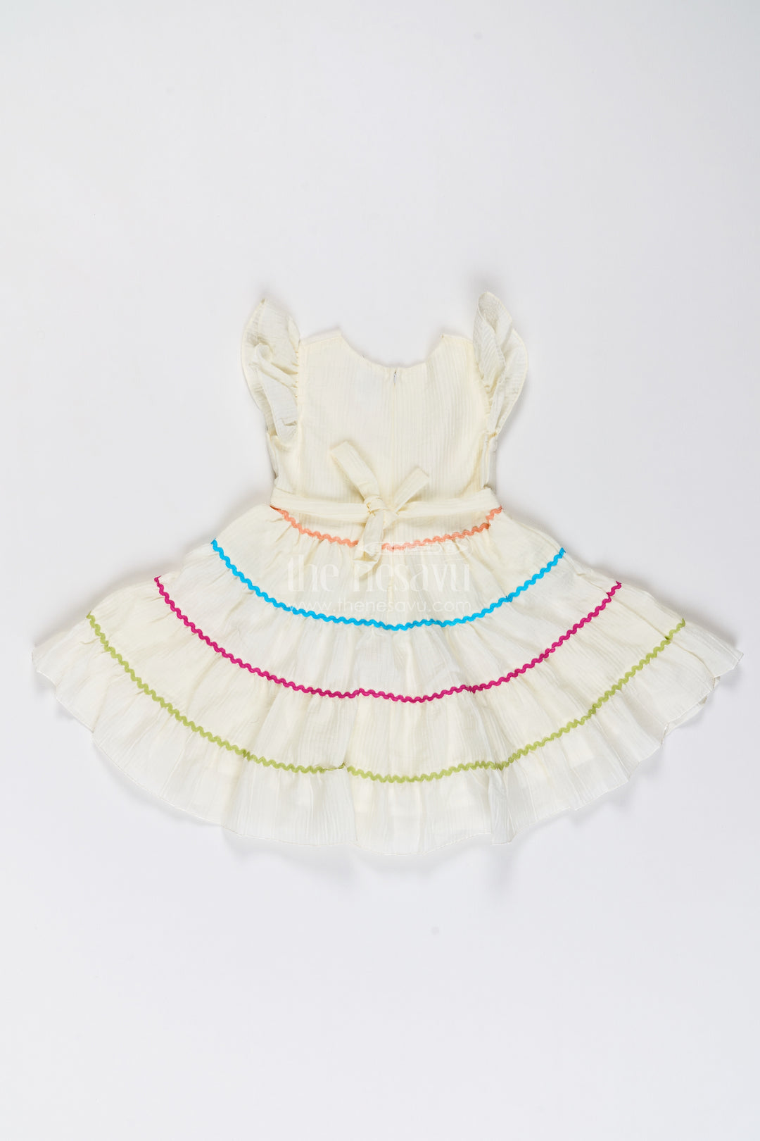 Girls Cotton Blend Frock in Ivory with Flower Tier Blue Trim