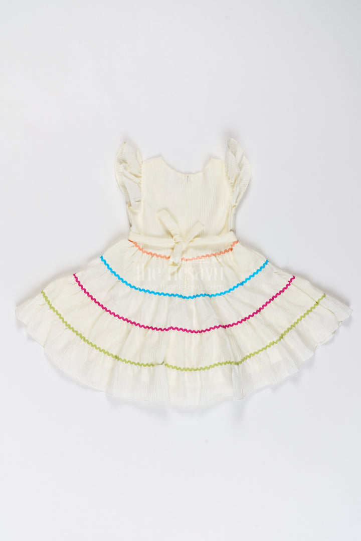 Girls Cotton Blend Frock in Ivory with Flower Tier Blue Trim