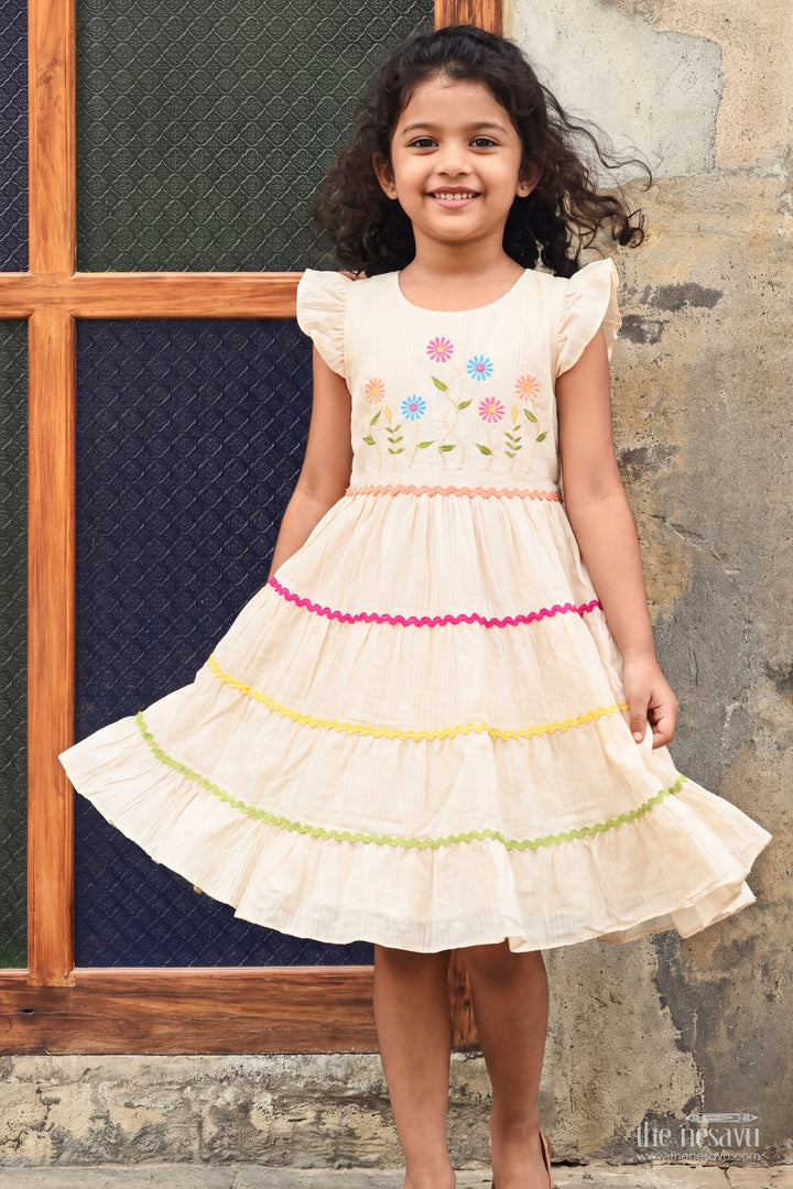Girls Cream Cotton Blend Daisy Tier Yellow Trim Frock