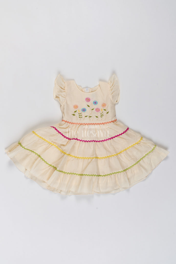 Girls Cream Cotton Blend Daisy Tier Yellow Trim Frock