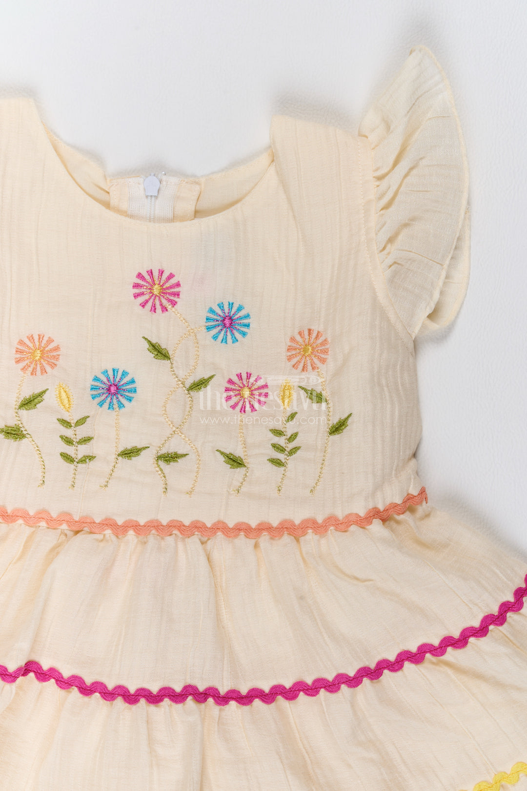 Girls Cream Cotton Blend Daisy Tier Yellow Trim Frock