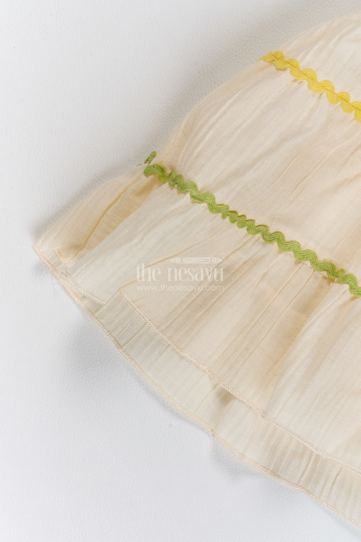 Girls Cream Cotton Blend Daisy Tier Yellow Trim Frock