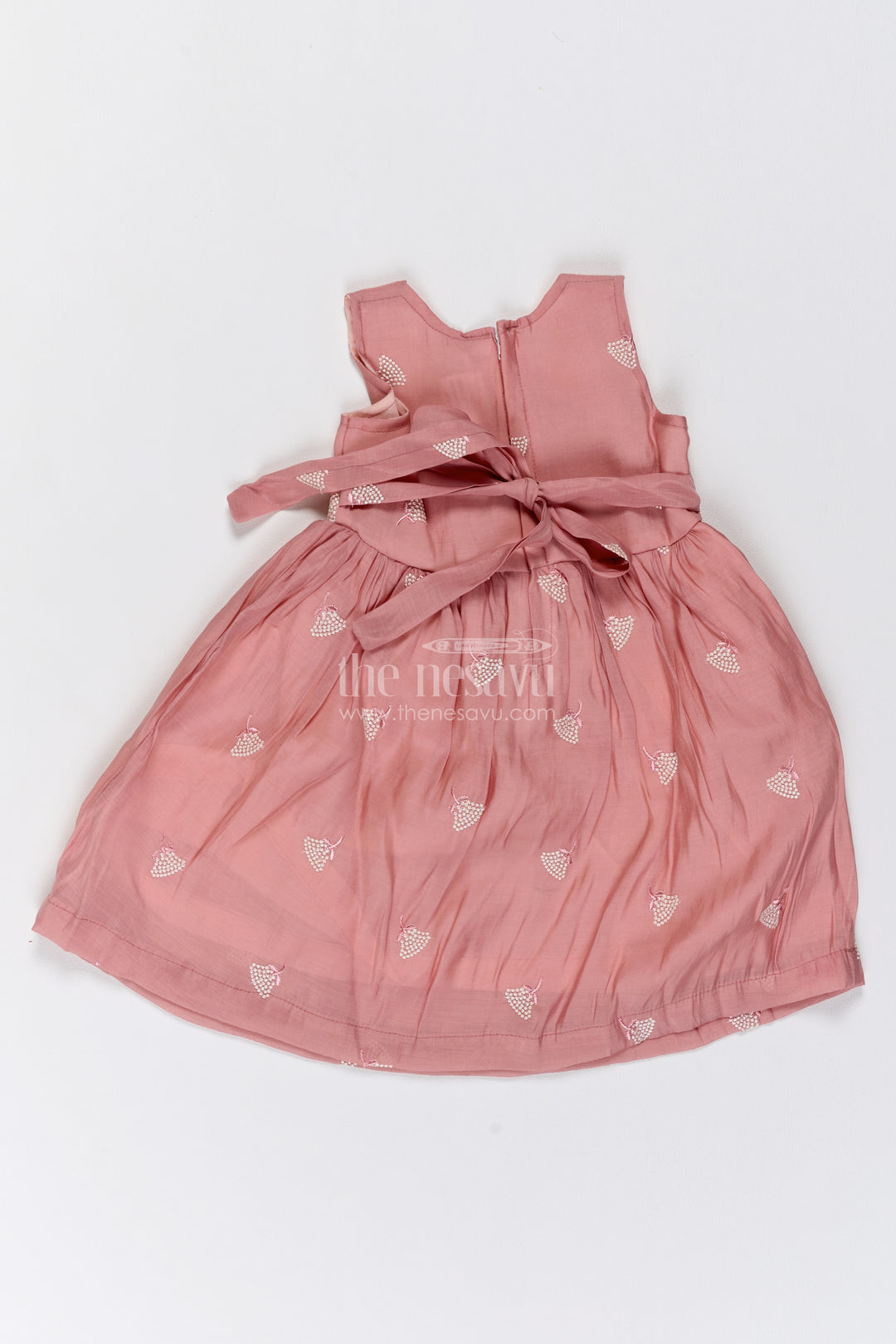 Girls Dusty Peach Chanderi Gold Leaf Motif Frock