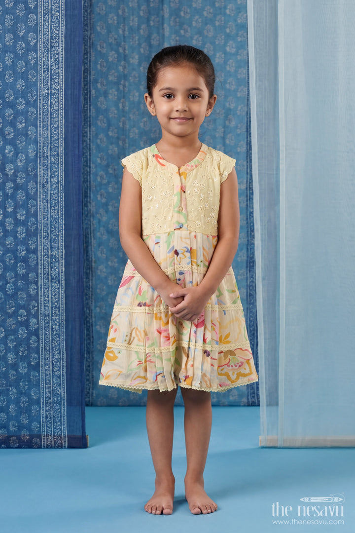 Girls Cotton Frock in Cream with Digital Print