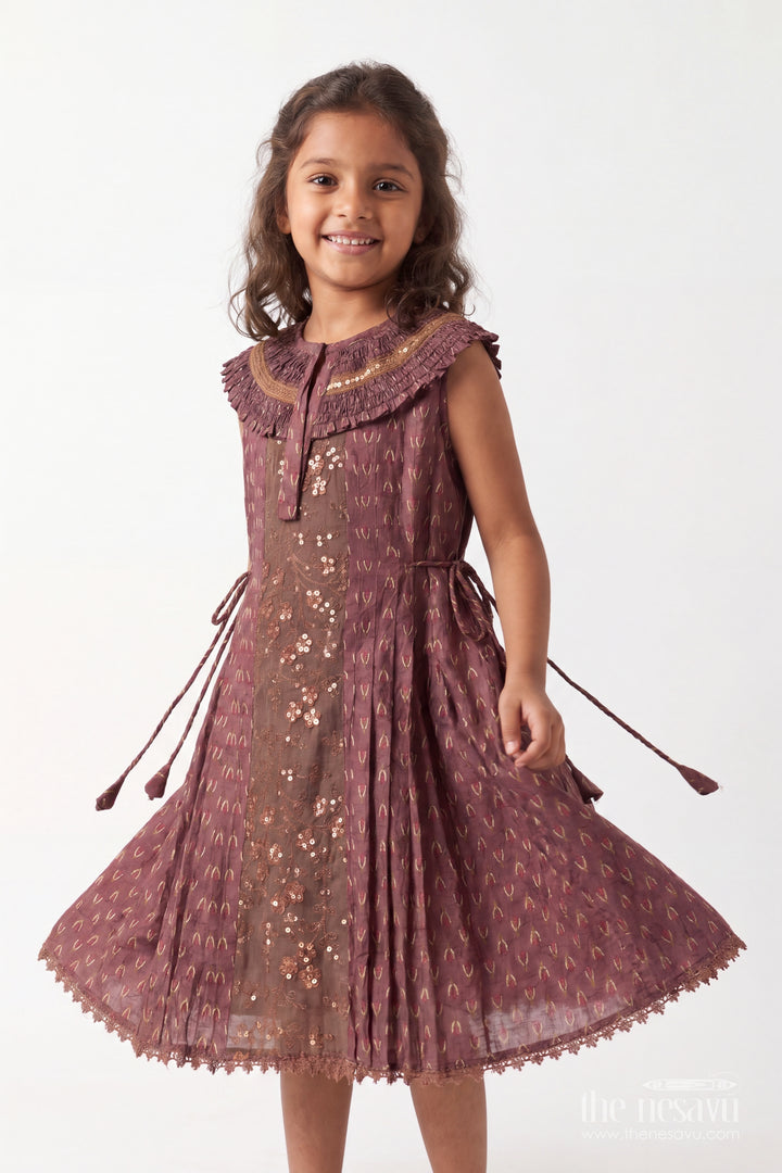 Girls Cotton Frock in Brown with Sequin Work