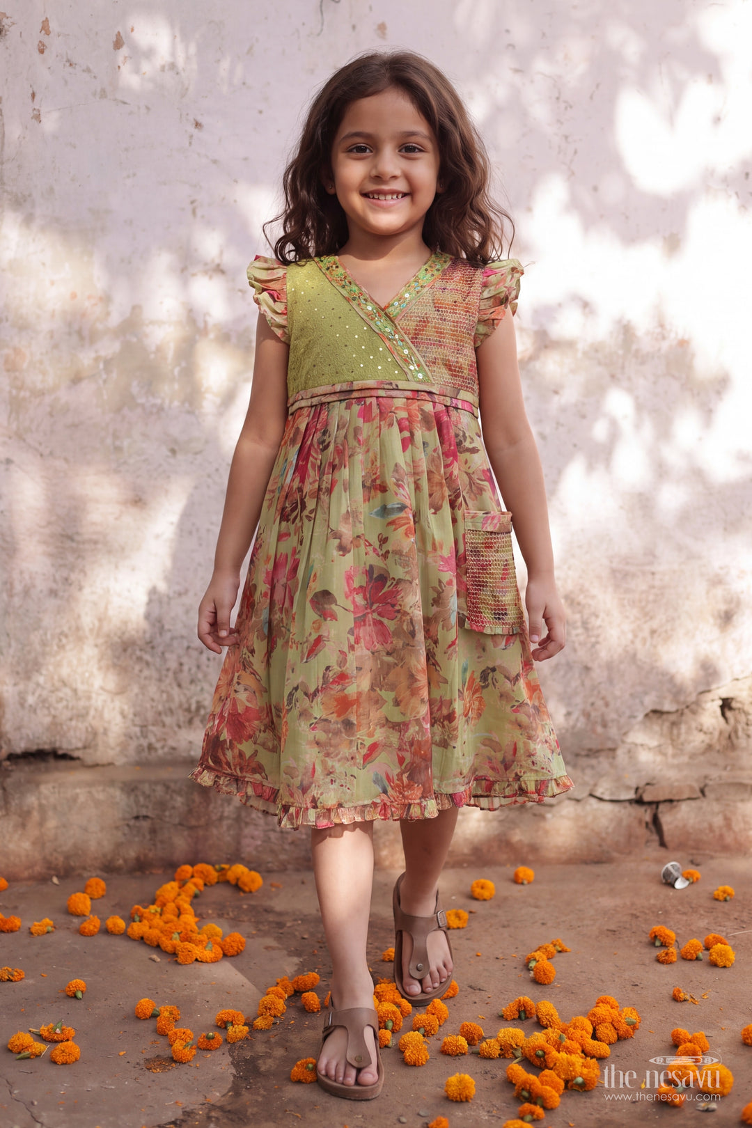 Cotton Dress for Girls in Green for Family Celebrations