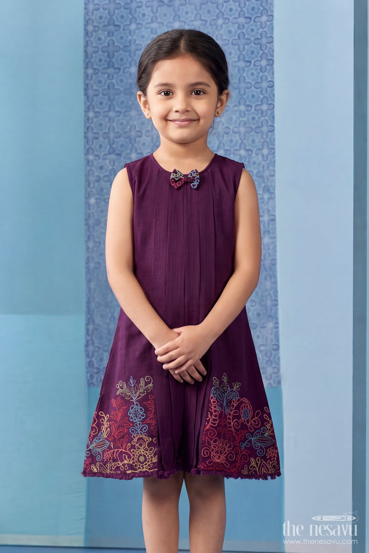 Girls Cotton Frock in Purple with Thread Embroidery