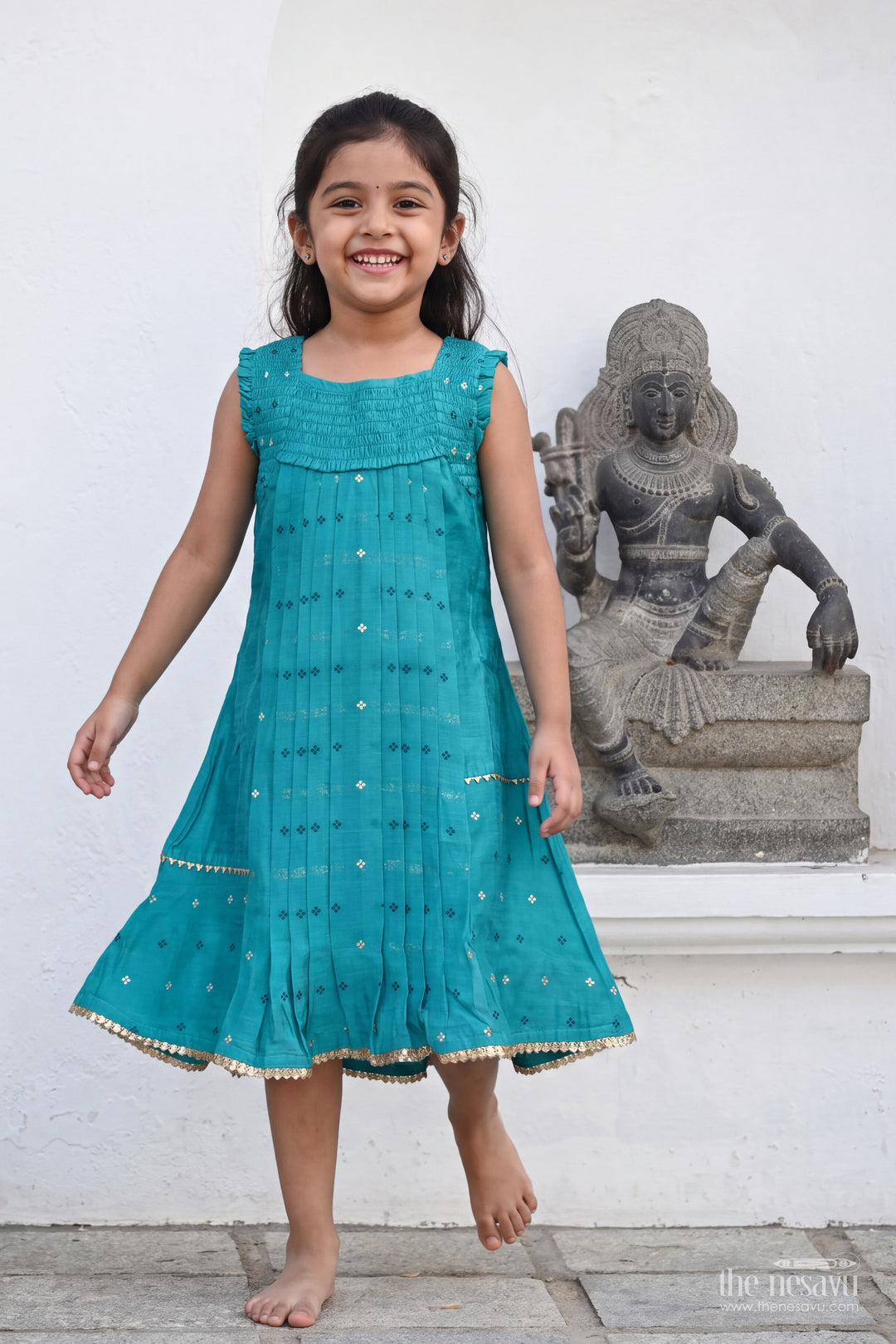 Girls Chanderi Frock in Blue with Smart Tailoring