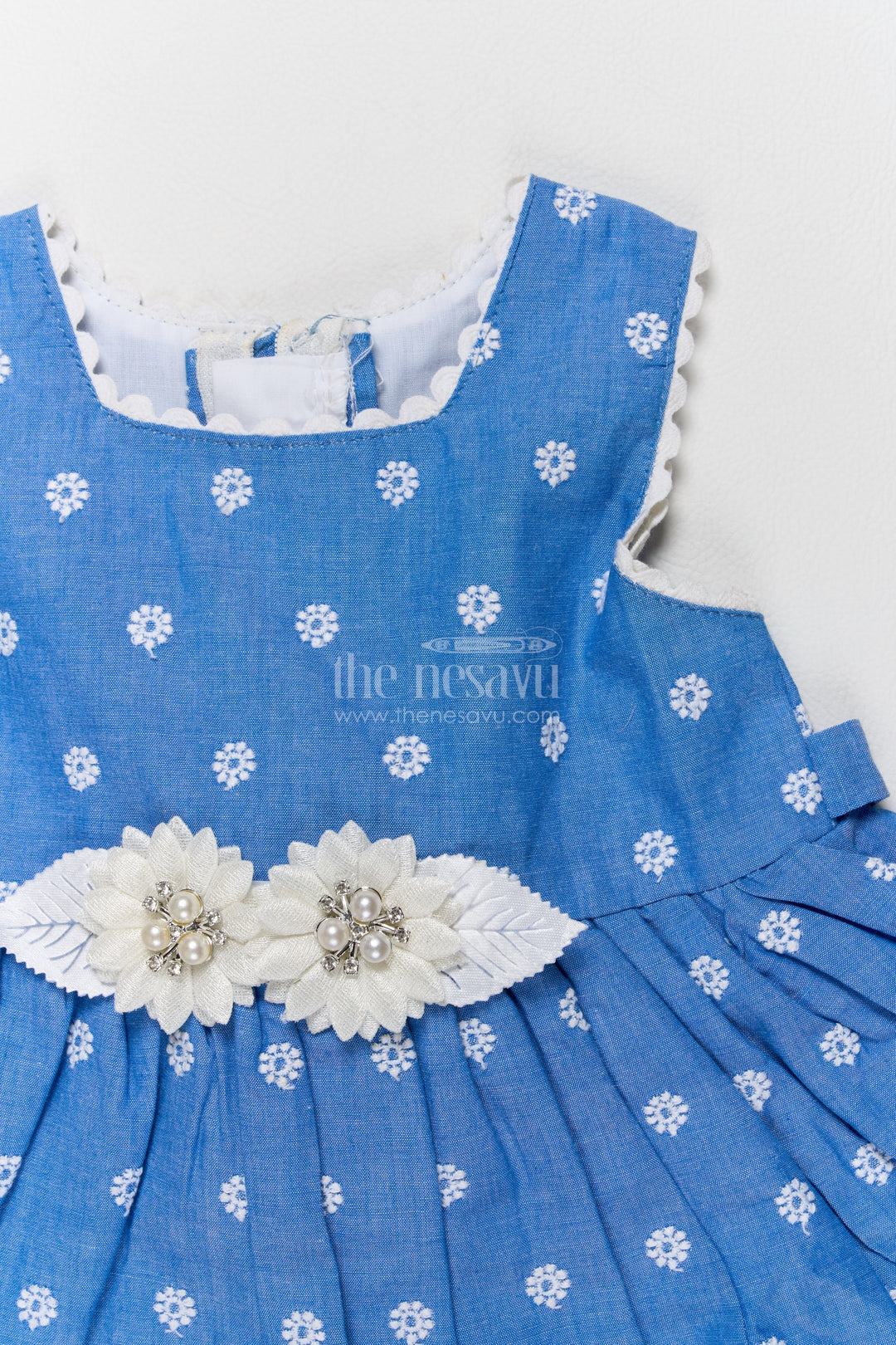 Girls Cotton Frock in Blue with Thread Embroidery