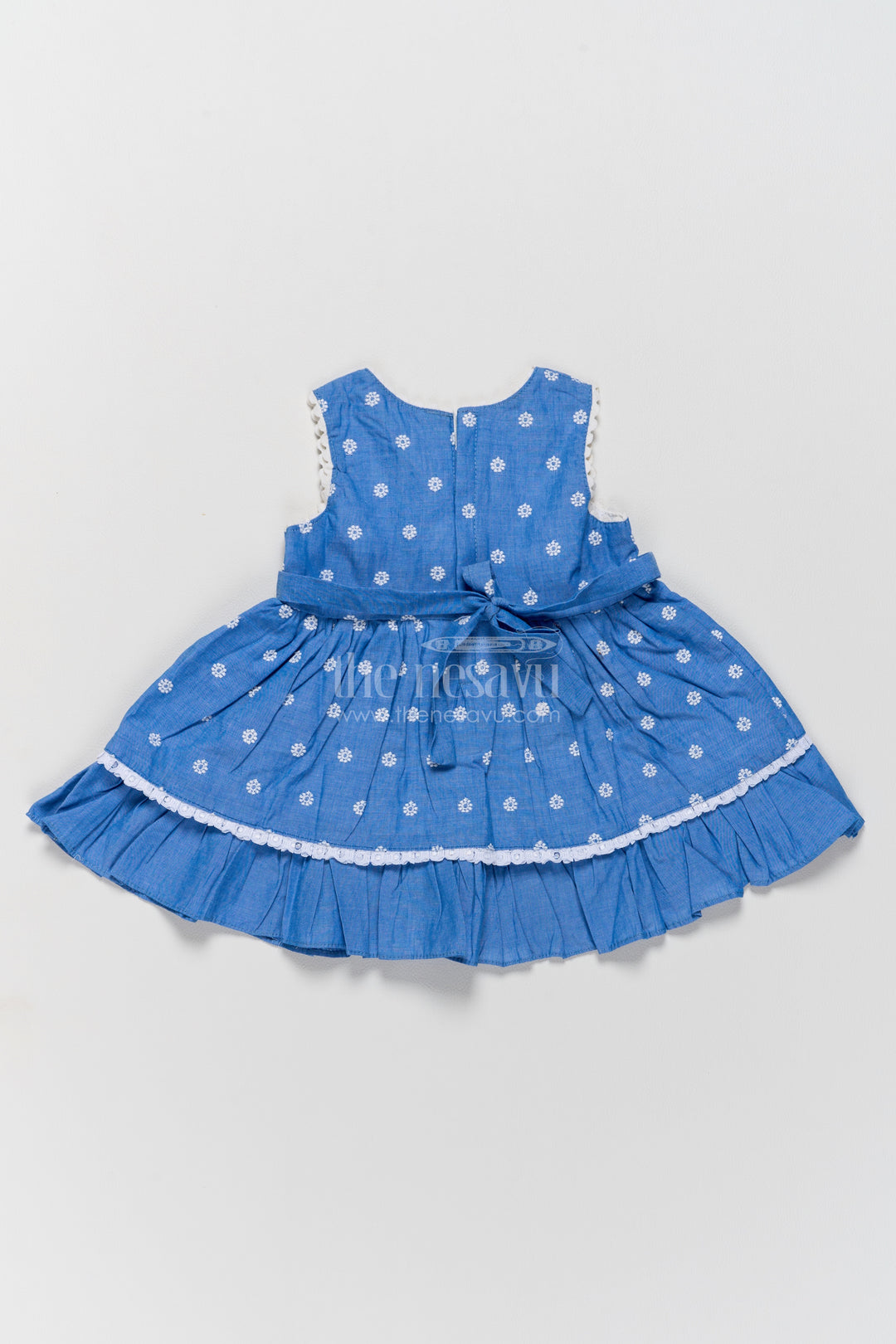 Girls Cotton Frock in Blue with Thread Embroidery