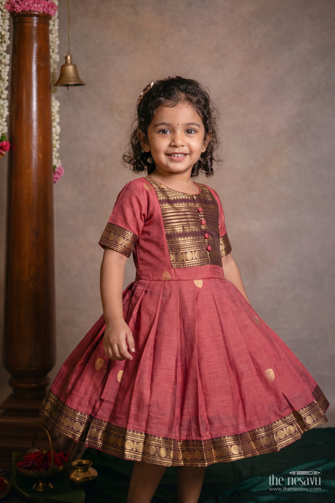 Girls Dusty Rose Gold Geometric Border Silk Blend Ethnic Frock