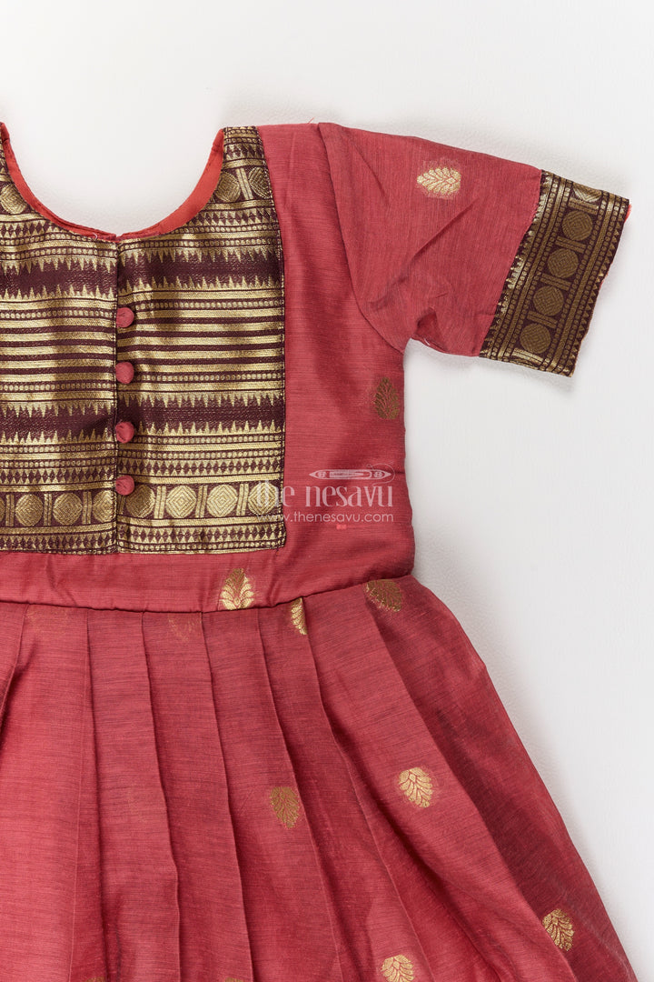 Girls Dusty Rose Gold Geometric Border Silk Blend Ethnic Frock