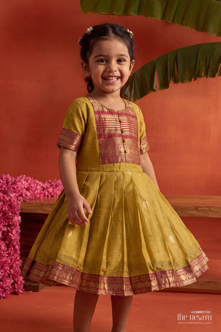 Girls Silk Blend Ethnic Frock in Olive Green with Maroon Panel Border