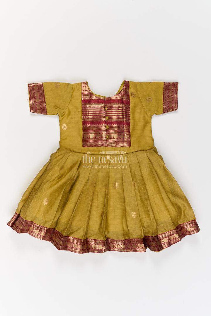 Girls Silk Blend Ethnic Frock in Olive Green with Maroon Panel Border