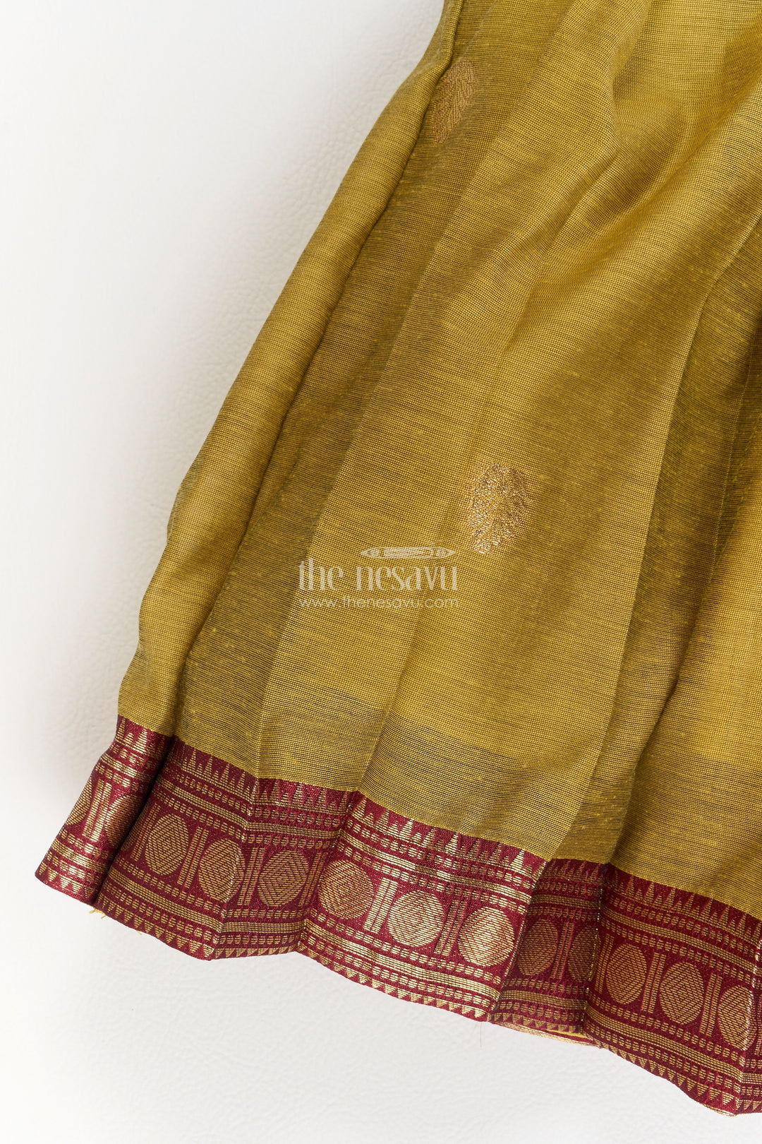 Girls Silk Blend Ethnic Frock in Olive Green with Maroon Panel Border