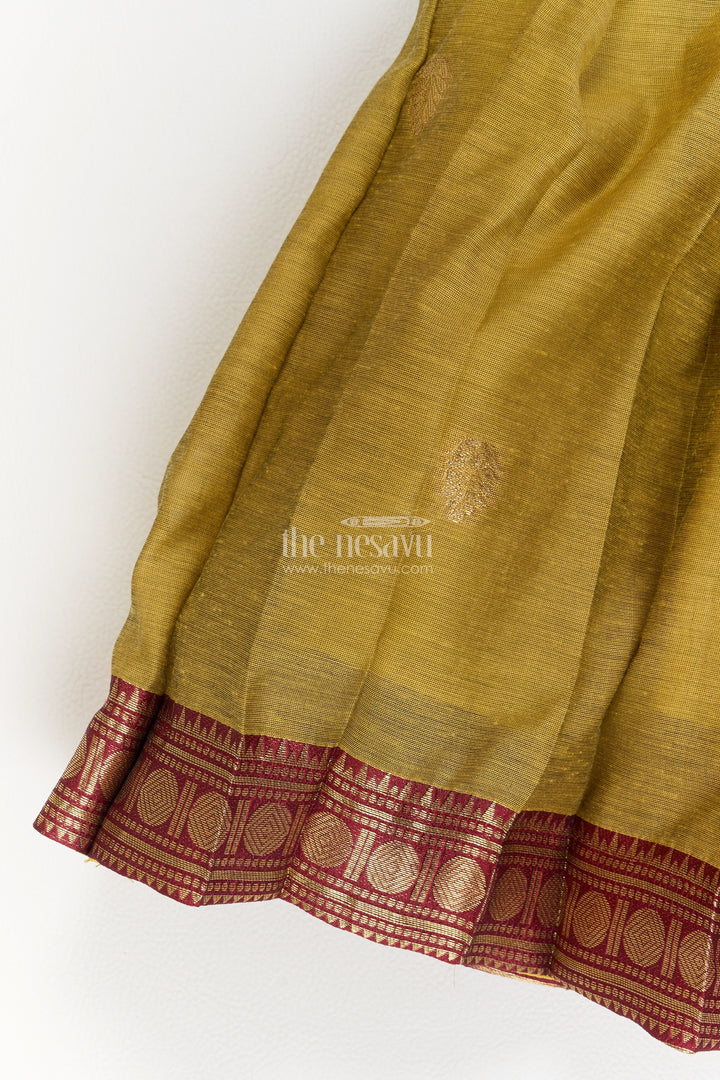 Girls Silk Blend Ethnic Frock in Olive Green with Maroon Panel Border