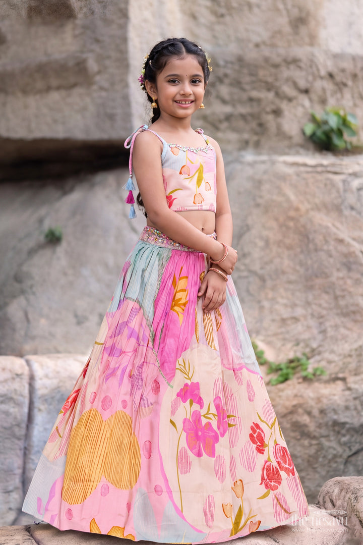 Girls Pink Multicolour Viscose Georgette Big Bloom Tie Straps Lehenga Choli