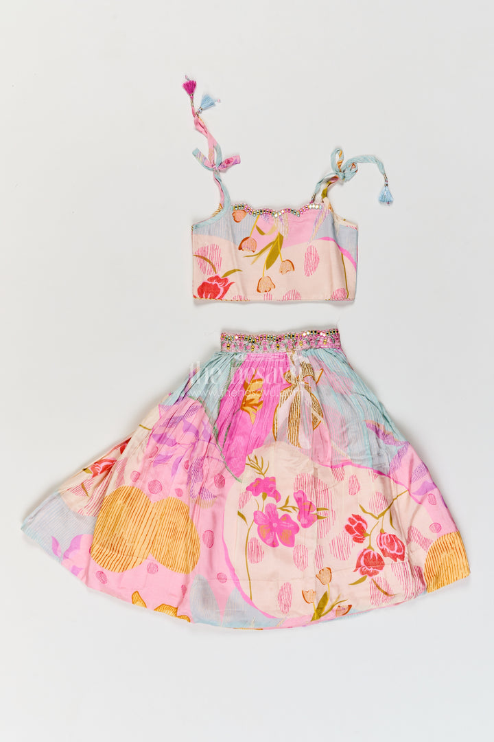 Girls Pink Multicolour Viscose Georgette Big Bloom Tie Straps Lehenga Choli