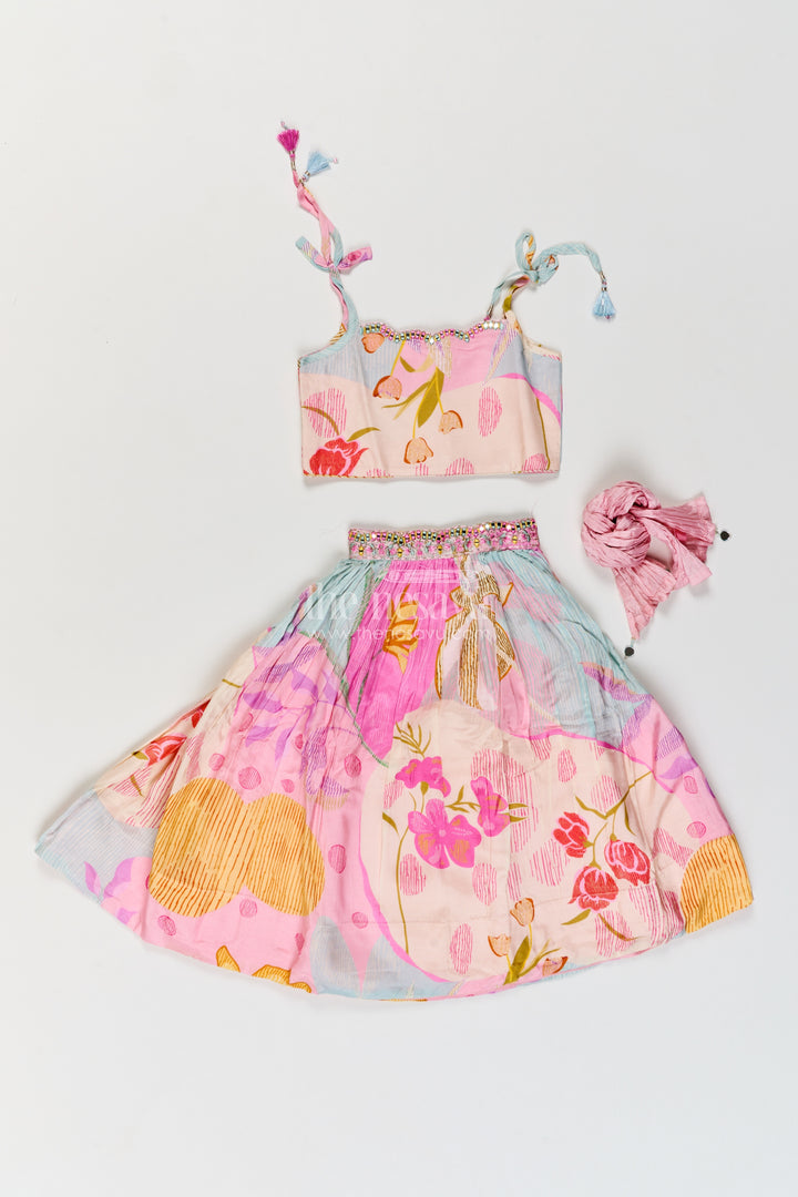 Girls Pink Multicolour Viscose Georgette Big Bloom Tie Straps Lehenga Choli