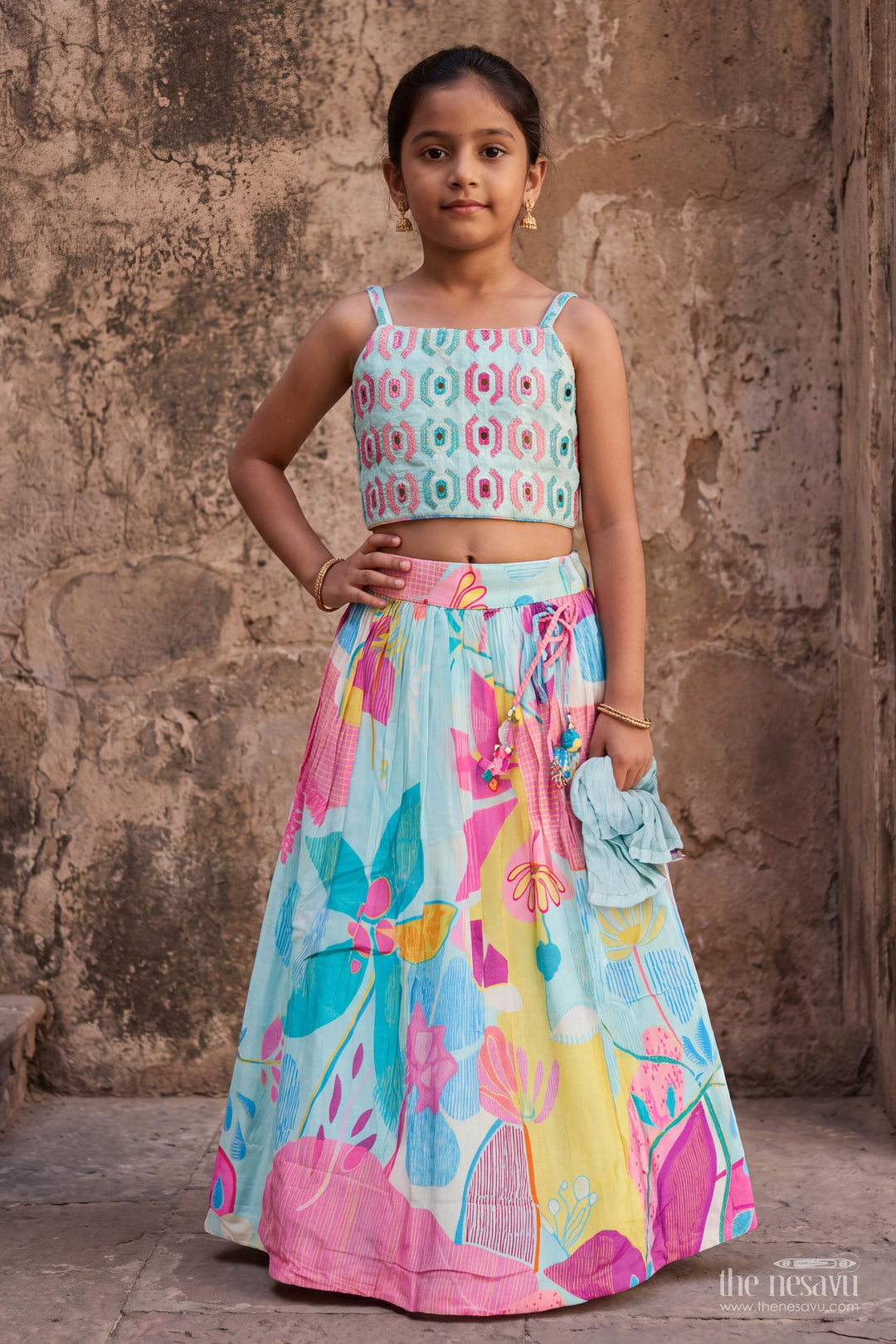 Girls Viscose Georgette Lehenga Choli in Aqua Pink with Mixed Floral Print