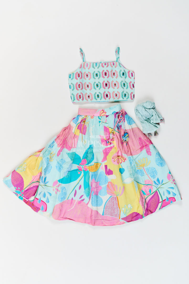 Girls Viscose Georgette Lehenga Choli in Aqua Pink with Mixed Floral Print