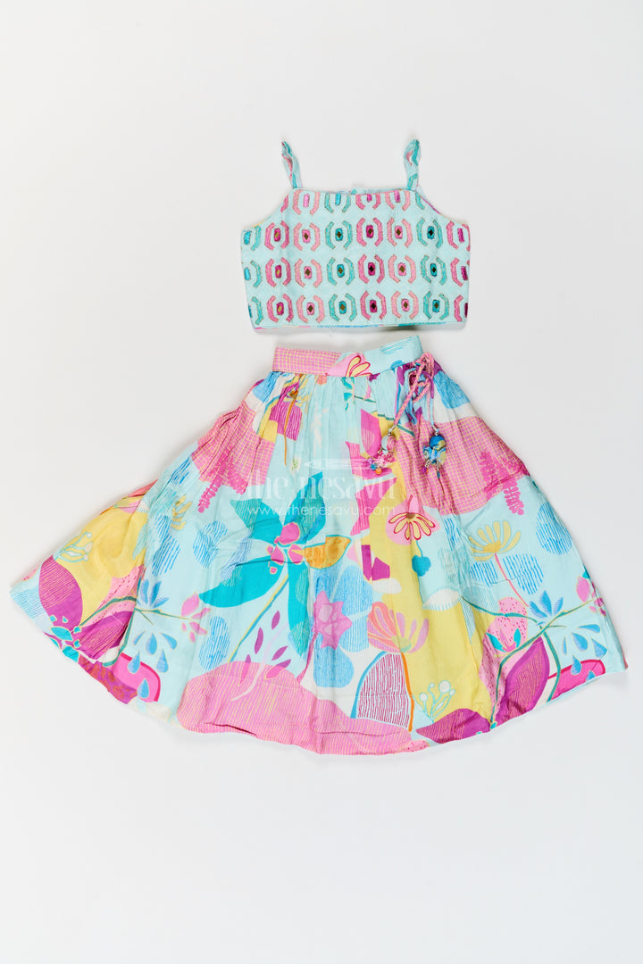 Girls Viscose Georgette Lehenga Choli in Aqua Pink with Mixed Floral Print