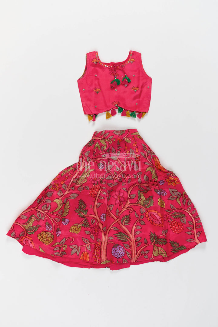 Girls Viscose Silk Lehenga Choli in Rani Pink with Botanical Print Tassel