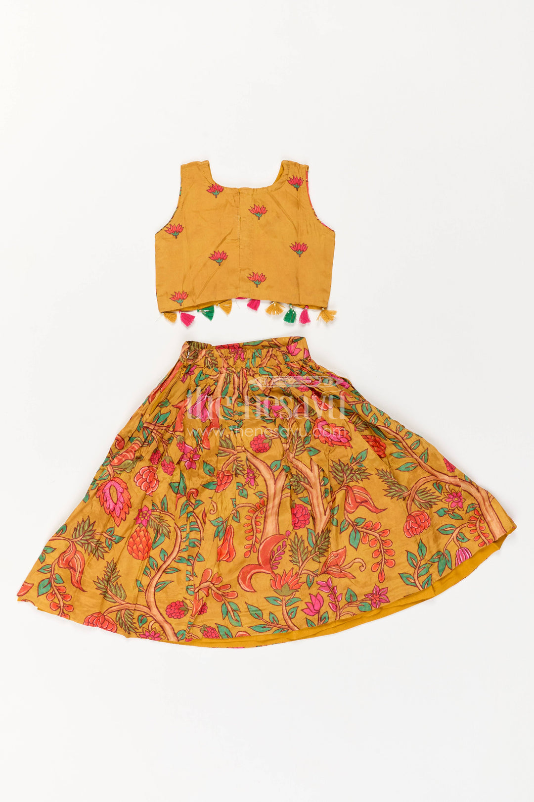 Girls Mustard Yellow Viscose Silk Floral Print Tassel Lehenga Choli