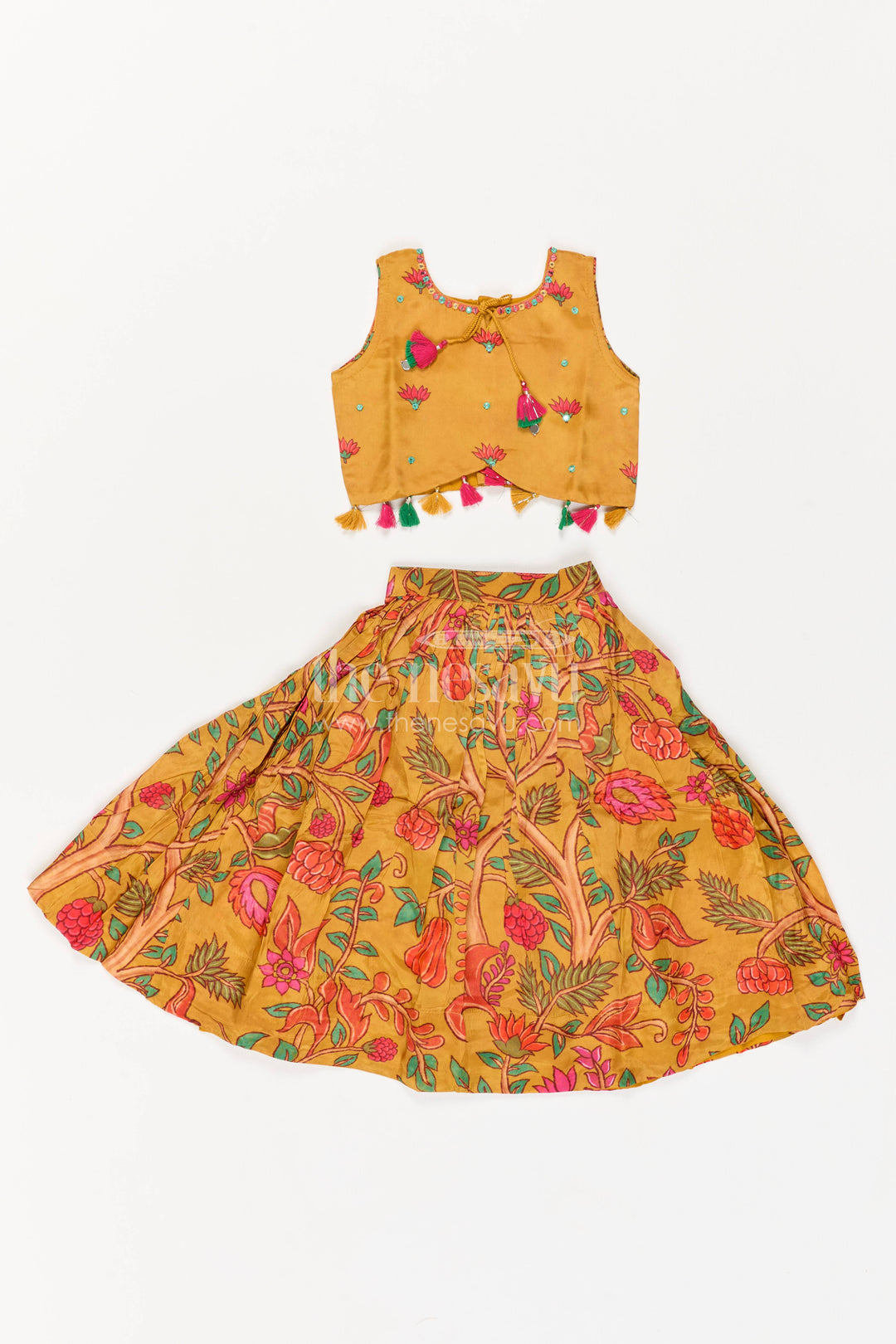 Girls Mustard Yellow Viscose Silk Floral Print Tassel Lehenga Choli