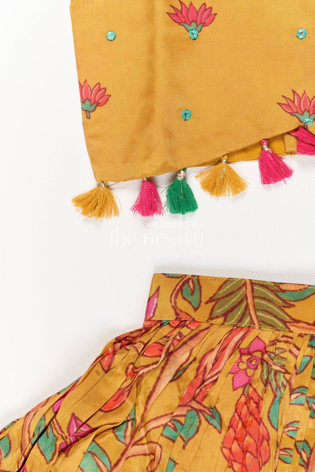 Girls Mustard Yellow Viscose Silk Floral Print Tassel Lehenga Choli
