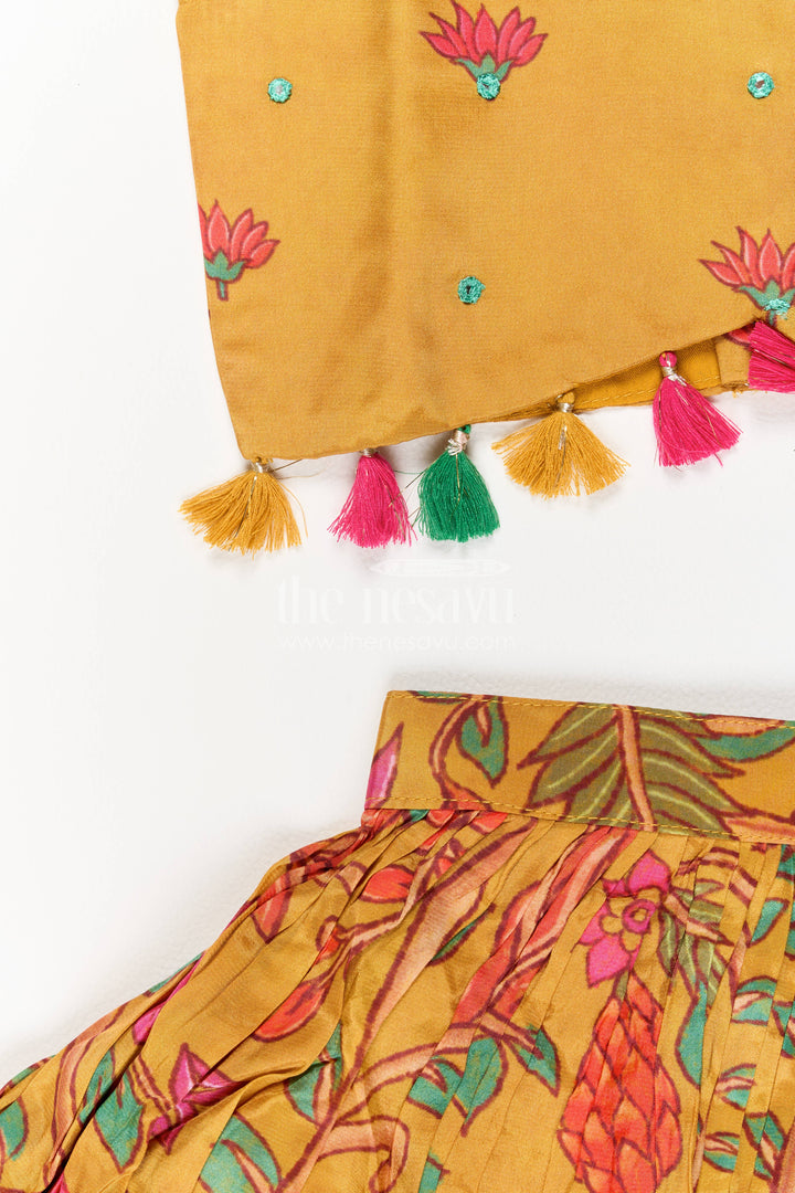 Girls Mustard Yellow Viscose Silk Floral Print Tassel Lehenga Choli