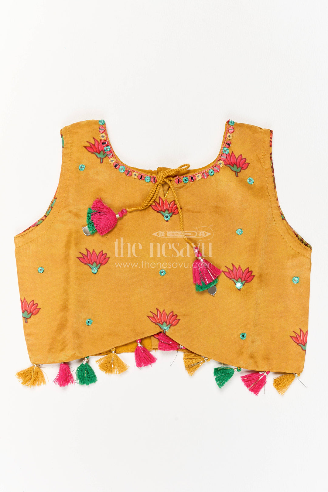 Girls Mustard Yellow Viscose Silk Floral Print Tassel Lehenga Choli