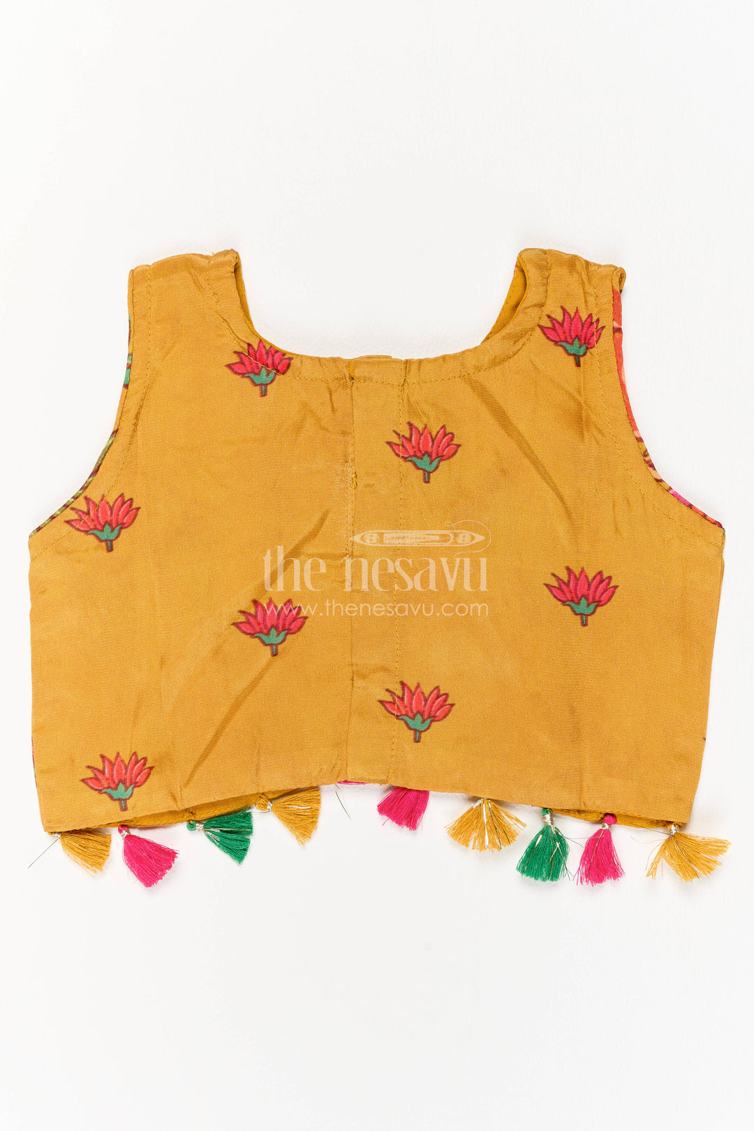 Girls Mustard Yellow Viscose Silk Floral Print Tassel Lehenga Choli