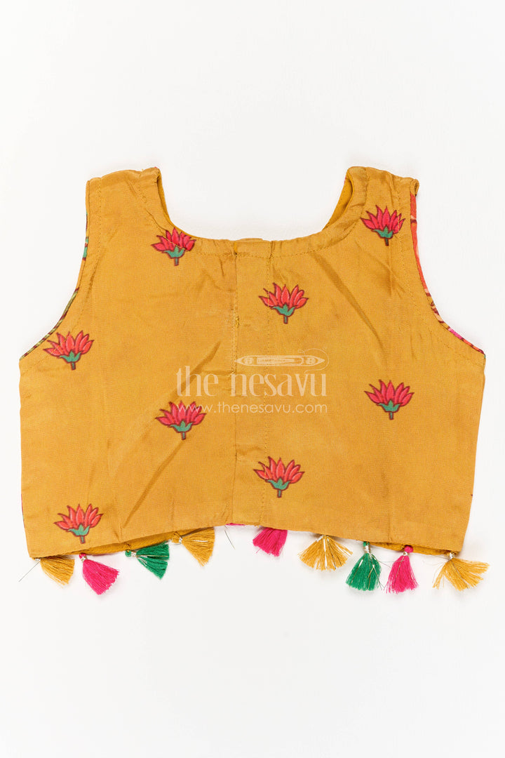Girls Mustard Yellow Viscose Silk Floral Print Tassel Lehenga Choli