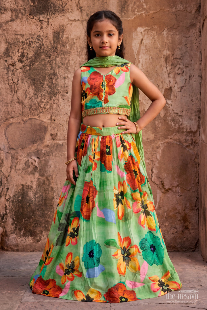 Girls Lime Green Multicolour Painterly Floral Lehenga Choli