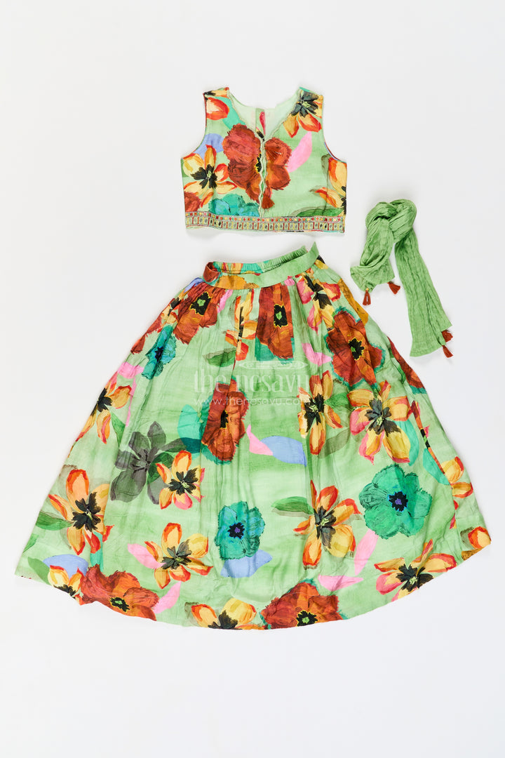 Girls Lime Green Multicolour Painterly Floral Lehenga Choli