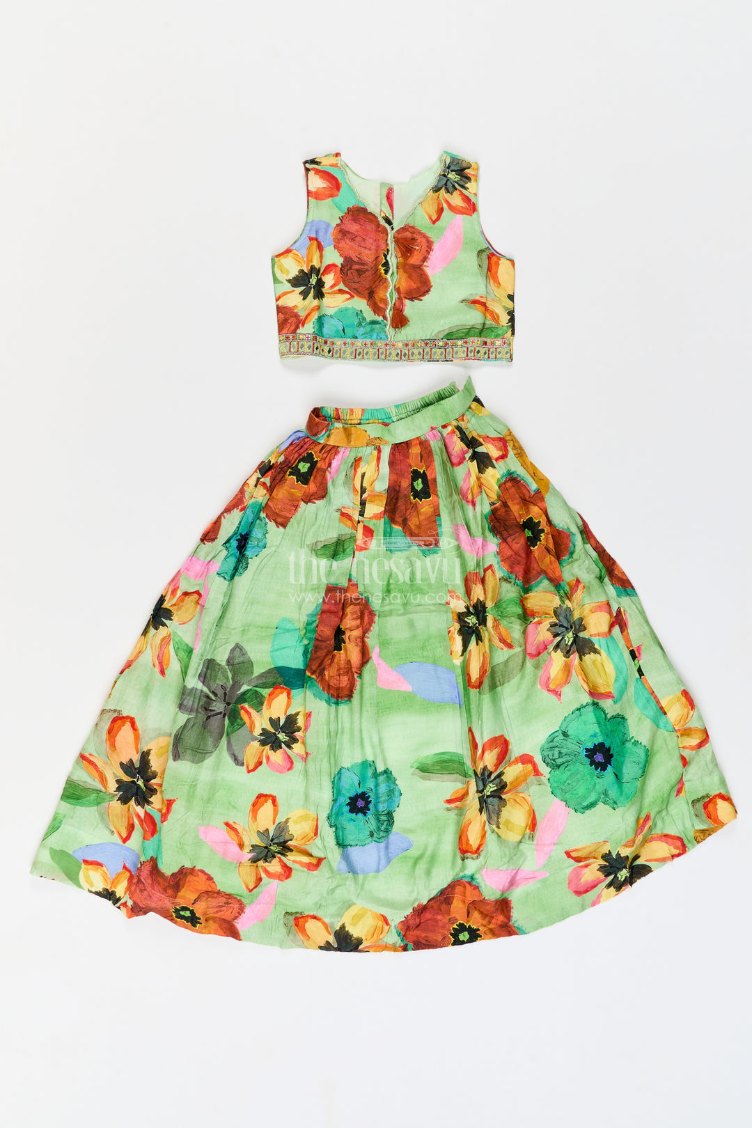Girls Lime Green Multicolour Painterly Floral Lehenga Choli