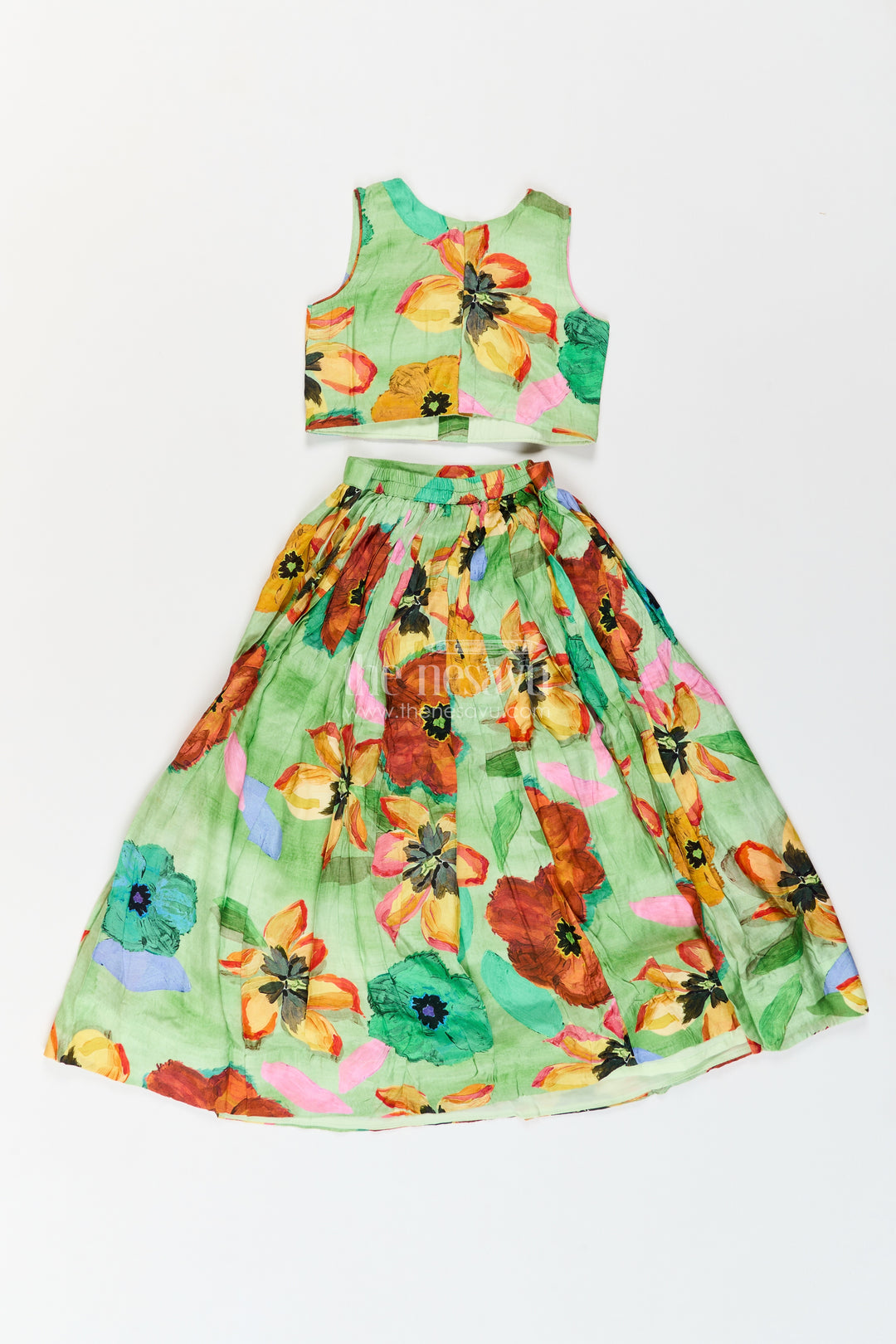 Girls Lime Green Multicolour Painterly Floral Lehenga Choli