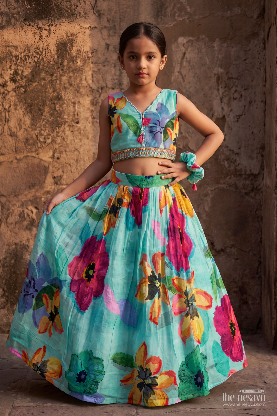 Girls Turquoise Multicolour Bold Botanical Viscose Georgette Lehenga Choli