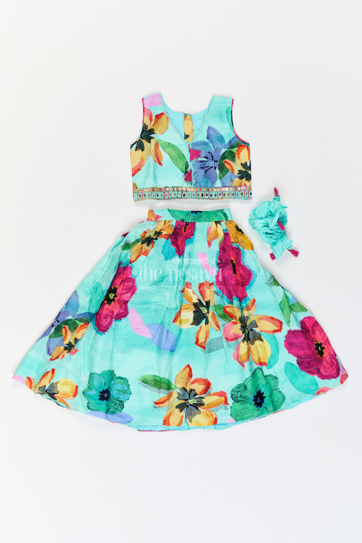 Girls Turquoise Multicolour Bold Botanical Viscose Georgette Lehenga Choli