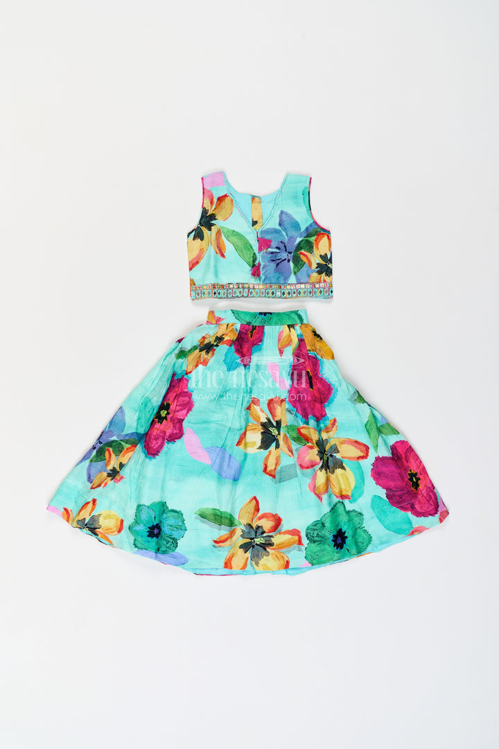 Girls Turquoise Multicolour Bold Botanical Viscose Georgette Lehenga Choli