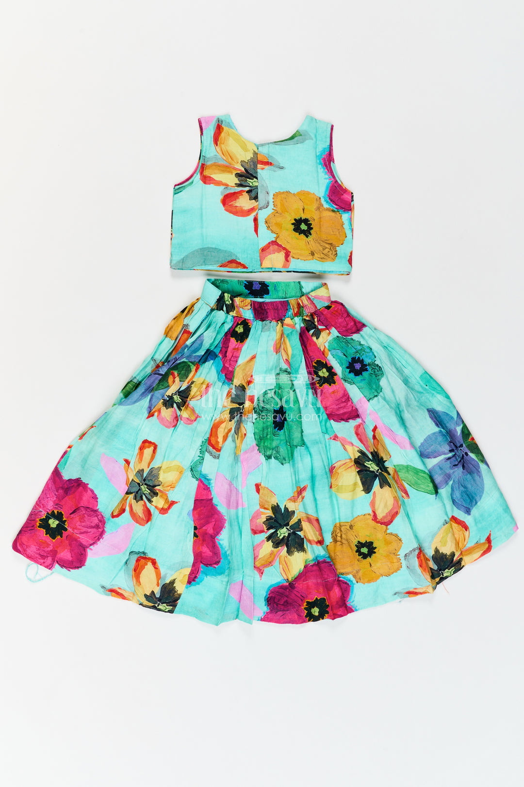 Girls Turquoise Multicolour Bold Botanical Viscose Georgette Lehenga Choli