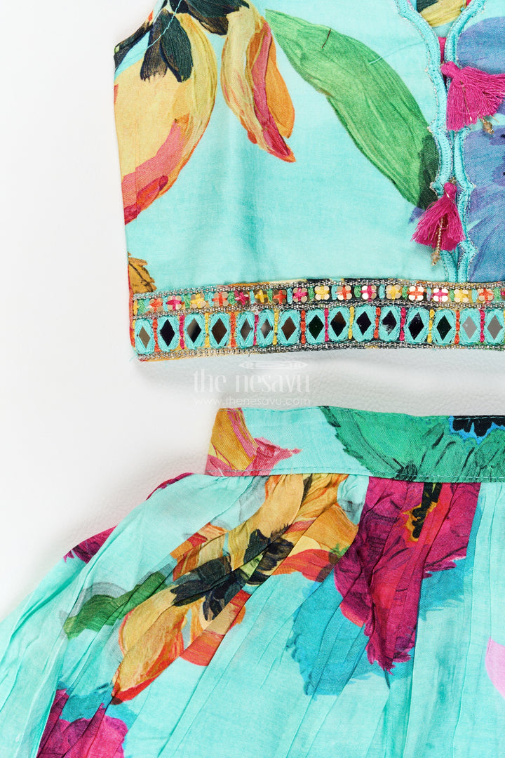 Girls Turquoise Multicolour Bold Botanical Viscose Georgette Lehenga Choli