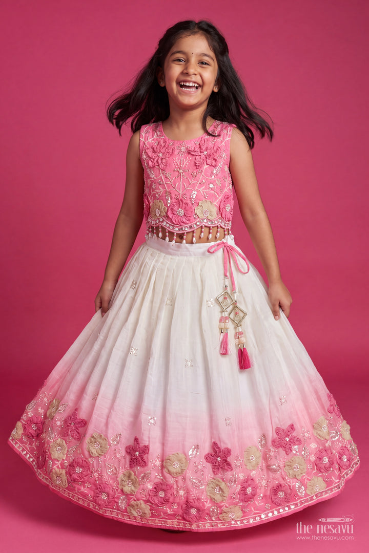 Girls Pink Georgette Ombre Floral Lehenga Choli