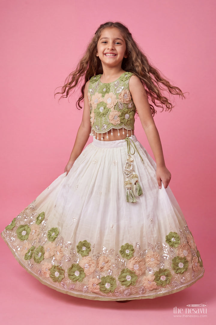 Girls Olive Green Flower Border Georgette Lehenga Choli