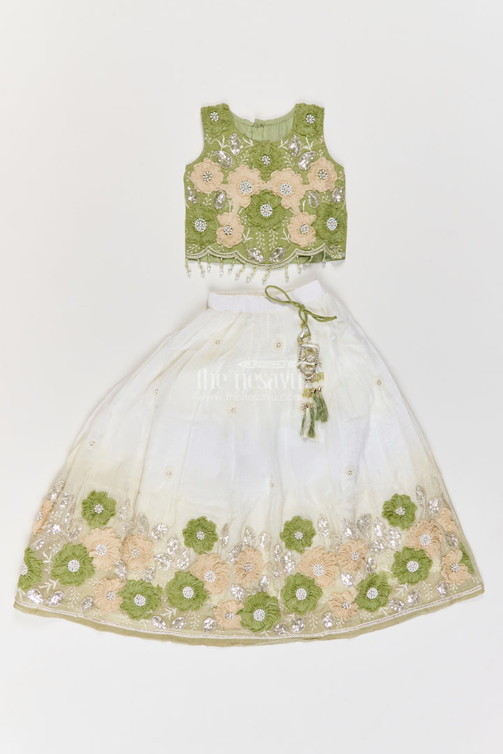Girls Olive Green Flower Border Georgette Lehenga Choli